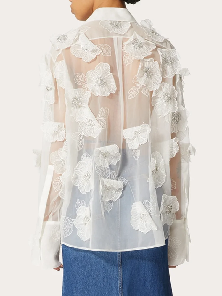 VGH Patchwork Appliques Solid Casual Blouses For Women Lapel Long Sleeve Spliced Sheer Mesh Temperament Loose Shirts Female New - KIMLUD