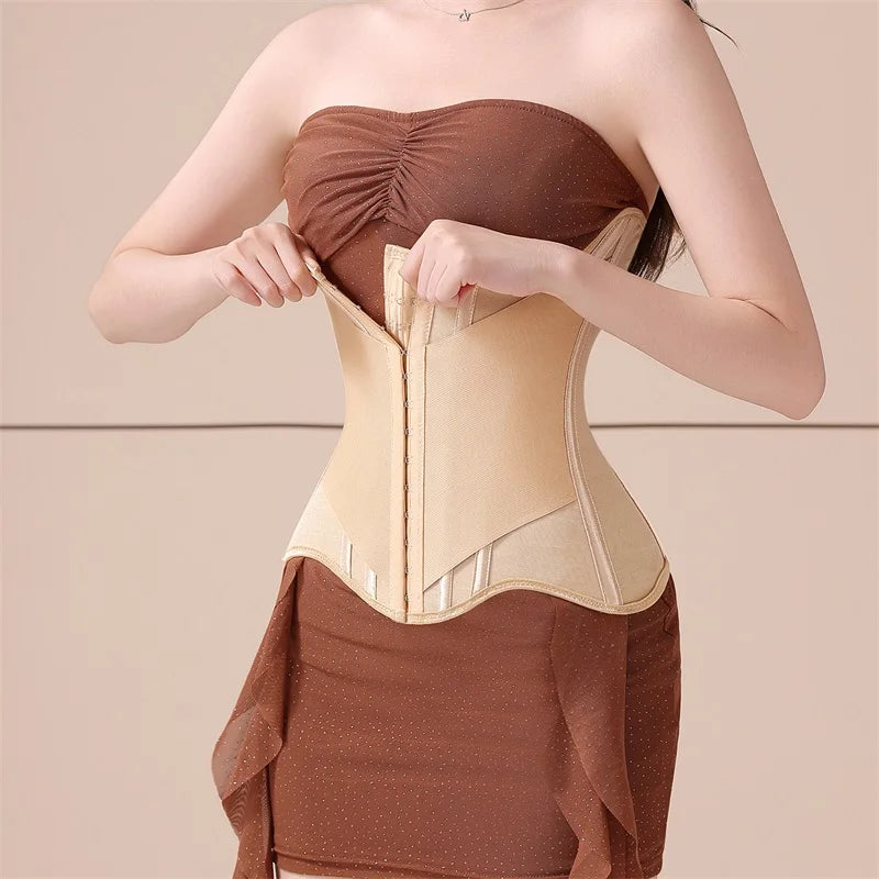 U-Shaped Waist Trainer Corset Steel Boned — Light Pink | KIMLUD