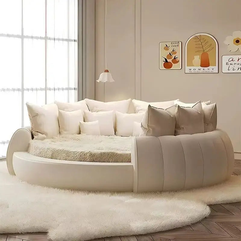 Leather Round Bed Multimaterial Frame — White | KIMLUD