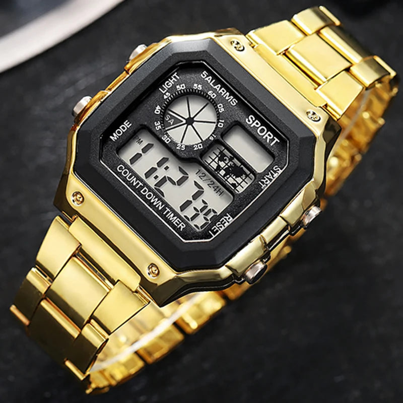 Stainless Steel Digital Watch Military LED Display — Silver | KIMLUD