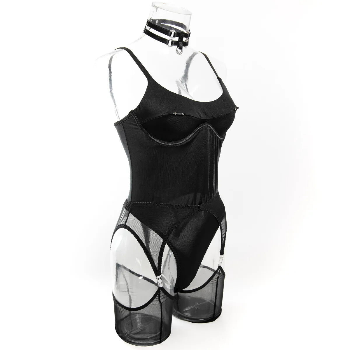 Polyester Elastane Lingerie Bodysuit Open Crotch — Black | KIMLUD