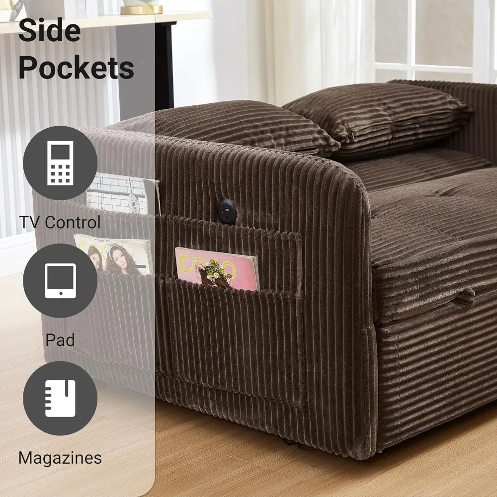 Corduroy Convertible Sofa Bed 3-in-1 Sleeper With USB Ports — Ivory | KIMLUD