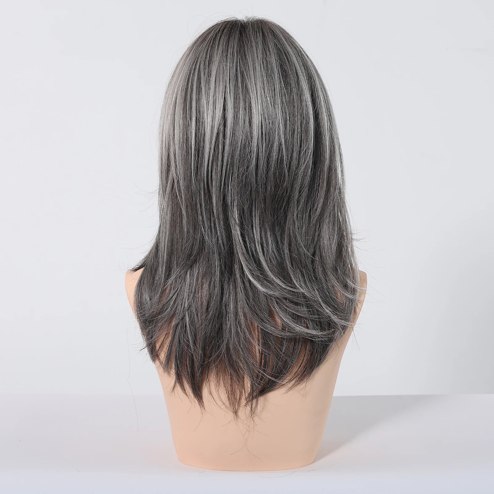 Wig – Medium-Length Layered Straight Bangs – Synthetic Hair – Grey | KIMLUD