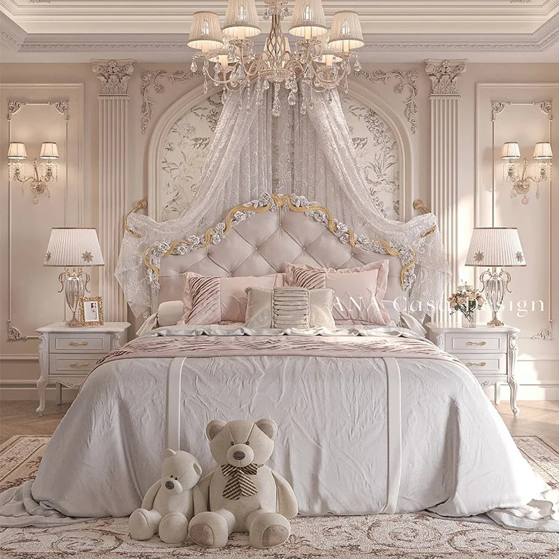 Solid Wood Bed European Court Carved — Ivory | KIMLUD
