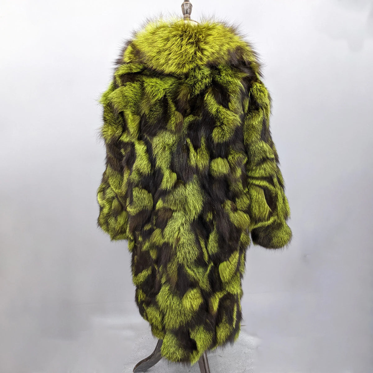 Long Coat – Color-Block – Fox Fur Patchwork – Green-Brown | KIMLUD