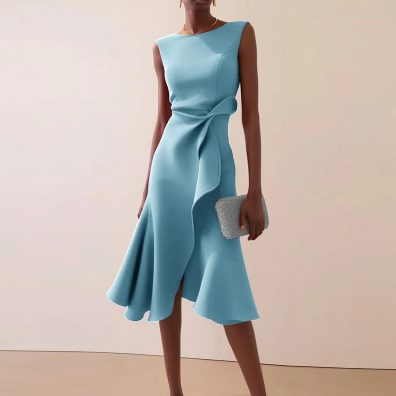 O-Neck A-Line Dress With Knot And Ruffle — Pink | KIMLUD