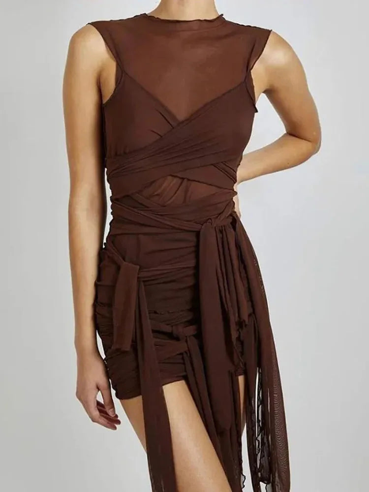 Ribbon-Wrapped Dress Draped See-Through Mesh Bandage Short High-Waist — Brown | KIMLUD