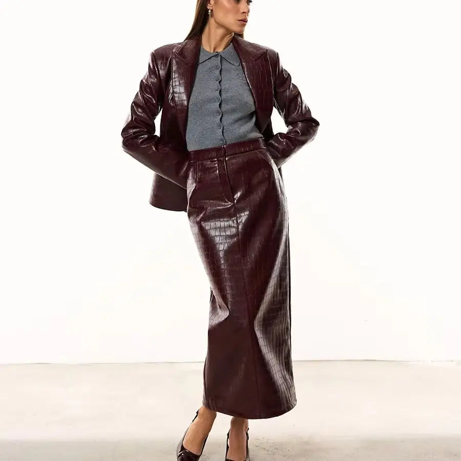 2 Piece Suit Set – Slim Blazer – Croc Faux Leather – Burgundy | KIMLUD