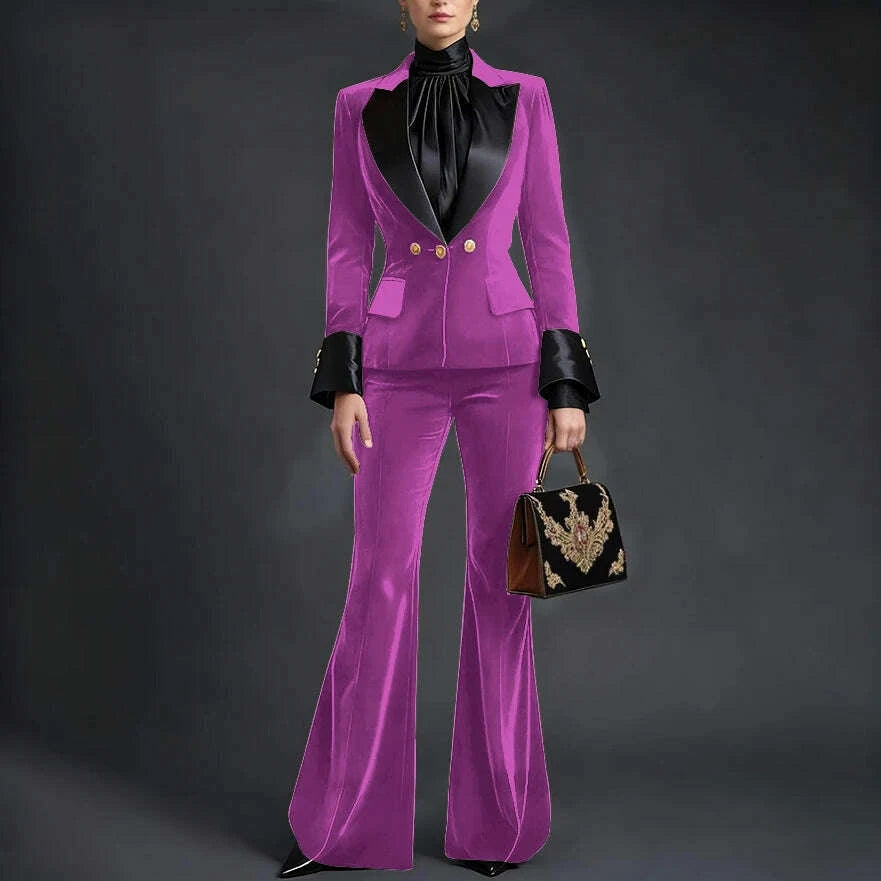 Luxury Velvet Women's Burgundy Suits Three Buttons 2-Piece Set Vintage Satin Peaked Lapel Blazer Flared Pants Evening Outfit