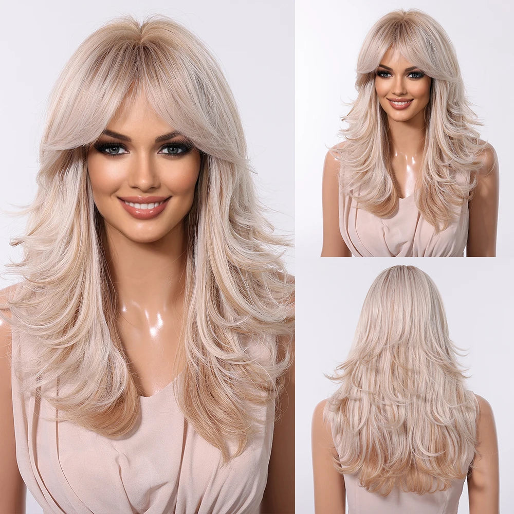 Wig – Medium-Length Layered Straight Bangs – Synthetic Hair – Grey | KIMLUD