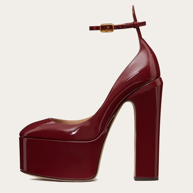 Women New European And American Style Super High Heels Patent Leather Round Toe Thick Sole Large Size Thick Heel Shoes