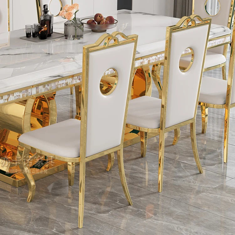 Marble Dining Table Set With Gold-Tone Frame — White | KIMLUD