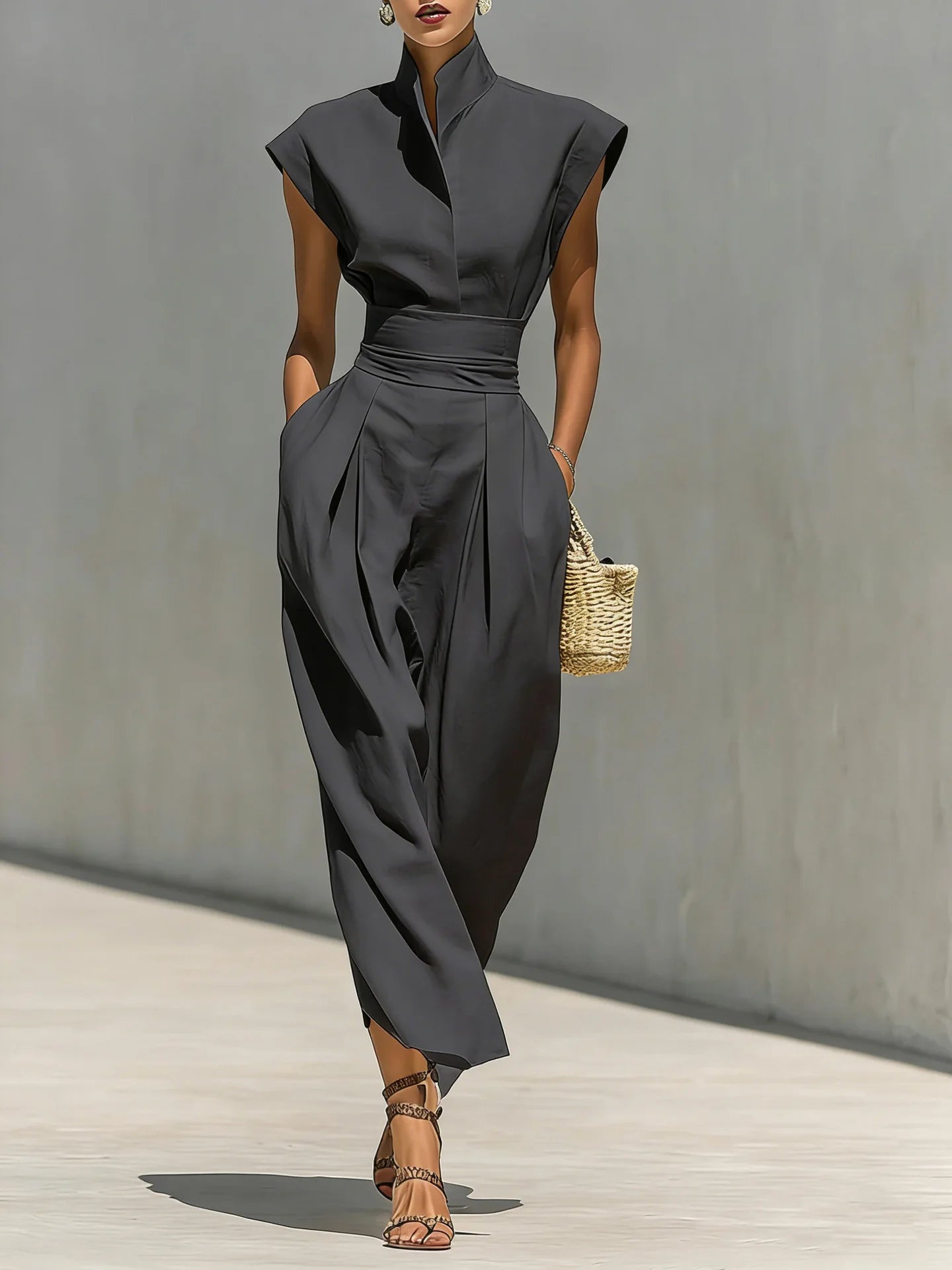 Dresses High Waist Pocket Polyester Sleeveless Midi Solid | KIMLUD