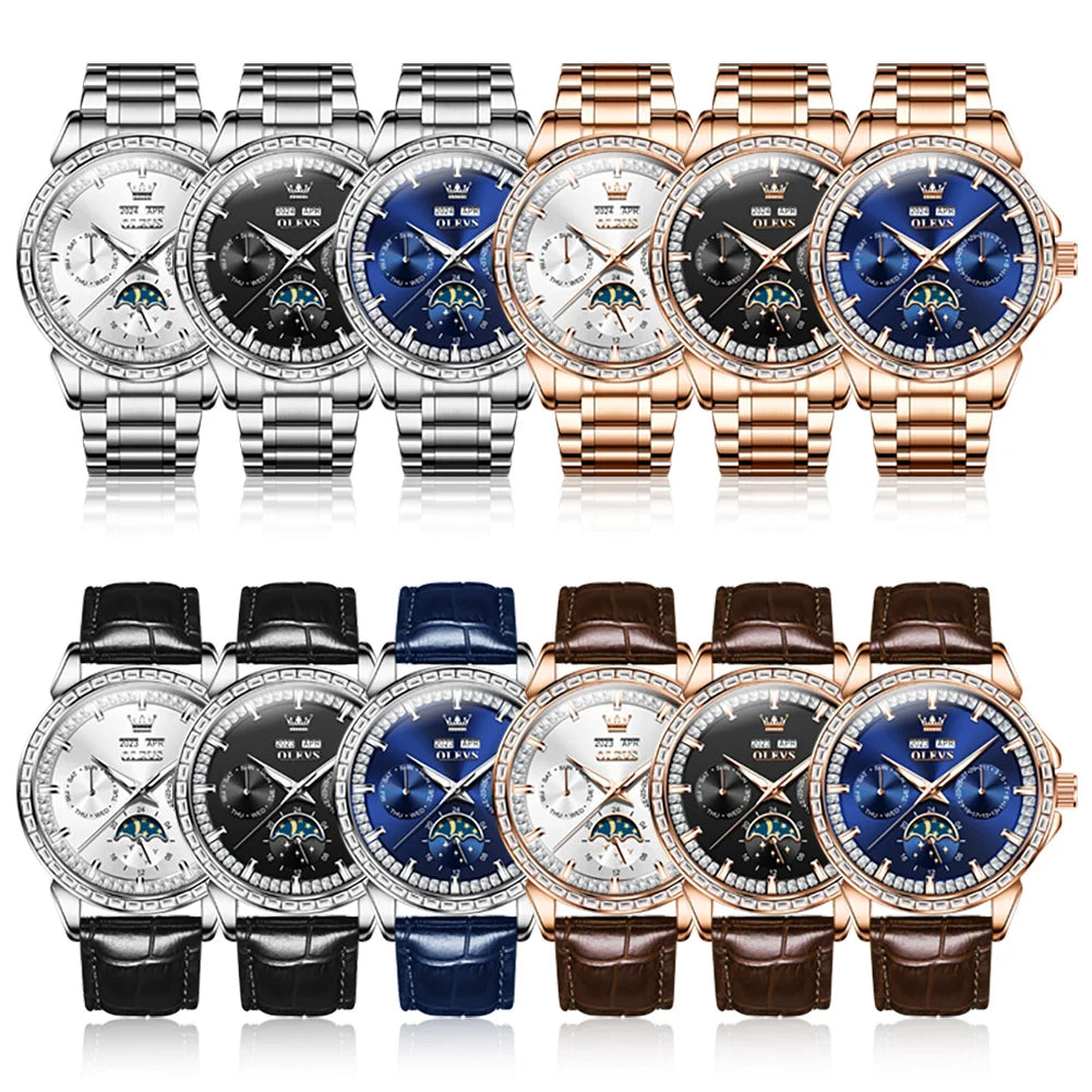 Stainless Steel Moon Phase Watch Luminous Hands — Cobalt Blue | KIMLUD