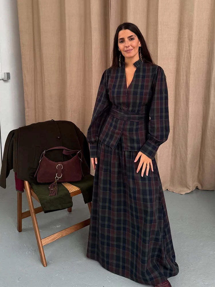 KIMLUD, Casual Lace Up Pleated Checkered Set Women Elegant Full Lantern Sleeve Coat Long Skirt Sets Lady Daily Commute Office outfits, KIMLUD Womens Clothes