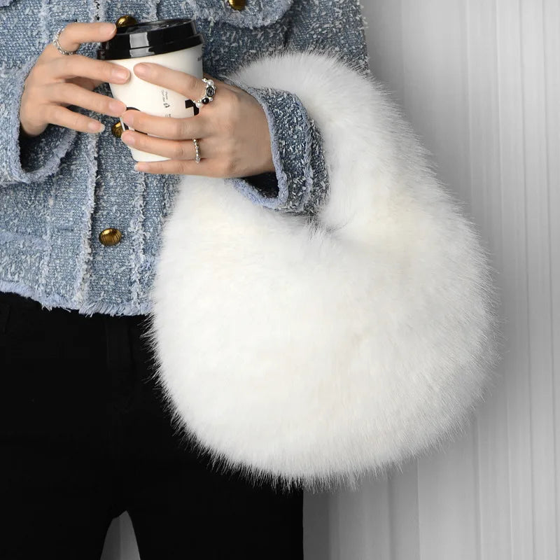 KIMLUD, Fashion Soft Plush Half Moon Bags for Women Designer Fluffy Faux Fur Lady Handbags Luxury Small Tote Female Winter Purses, KIMLUD Womens Clothes