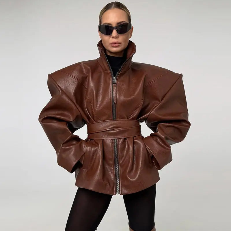 Casual Pu Leather Loose Women Jacket Belt Full Sleeve Stand Collar Zippers Female Coat 2026 Spring Autumn Lady Streetwears