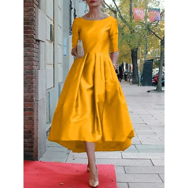 Women's Elegant Banquet Evening Midi Dresses 2025 New Spring Half Sleeves Pleated Solid Color Party A-Line Dress