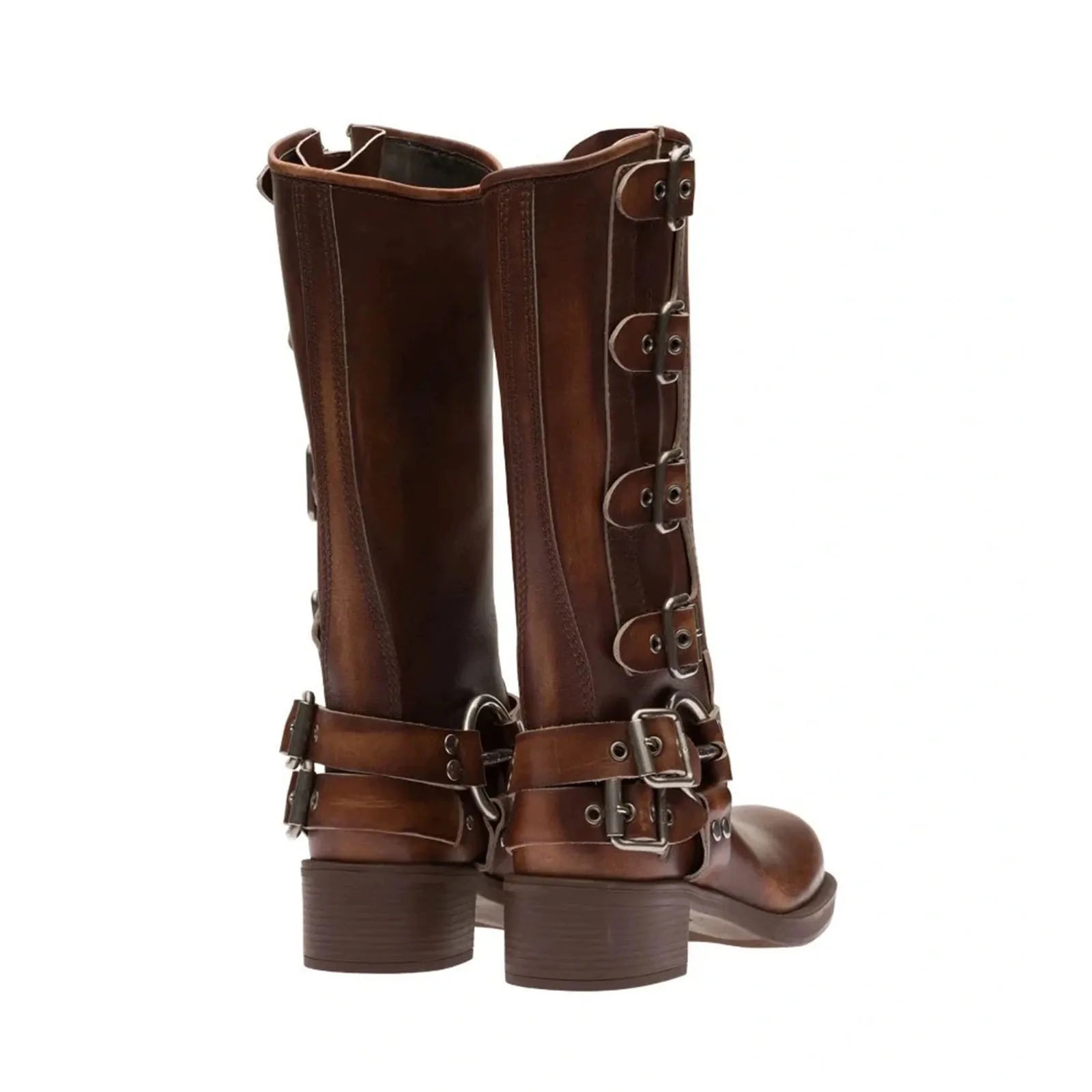 Knee-High Western Boots – Platform Rivet Belt Buckle – Genuine Leather | KIMLUD