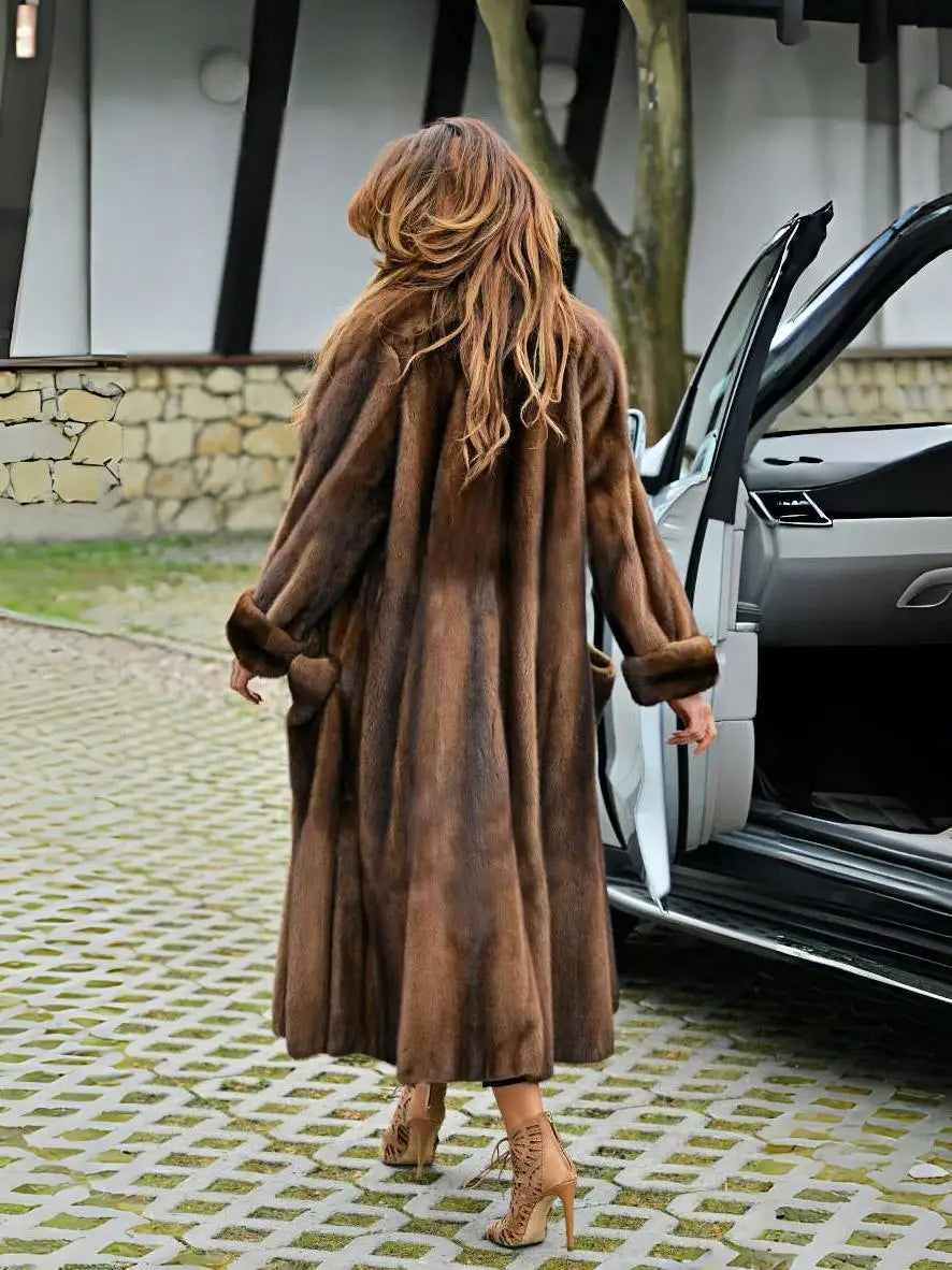 Faux Mink Fur Coat - Long Length - Dark Brown | KIMLUD