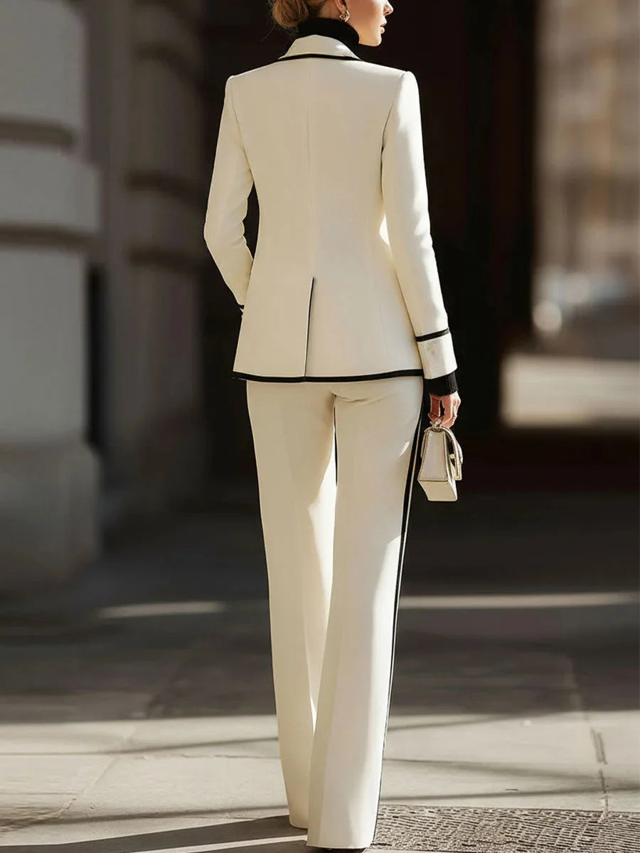 Laminated Polyester Suit Set With Lapel Double Breasted Finishes — White | KIMLUD