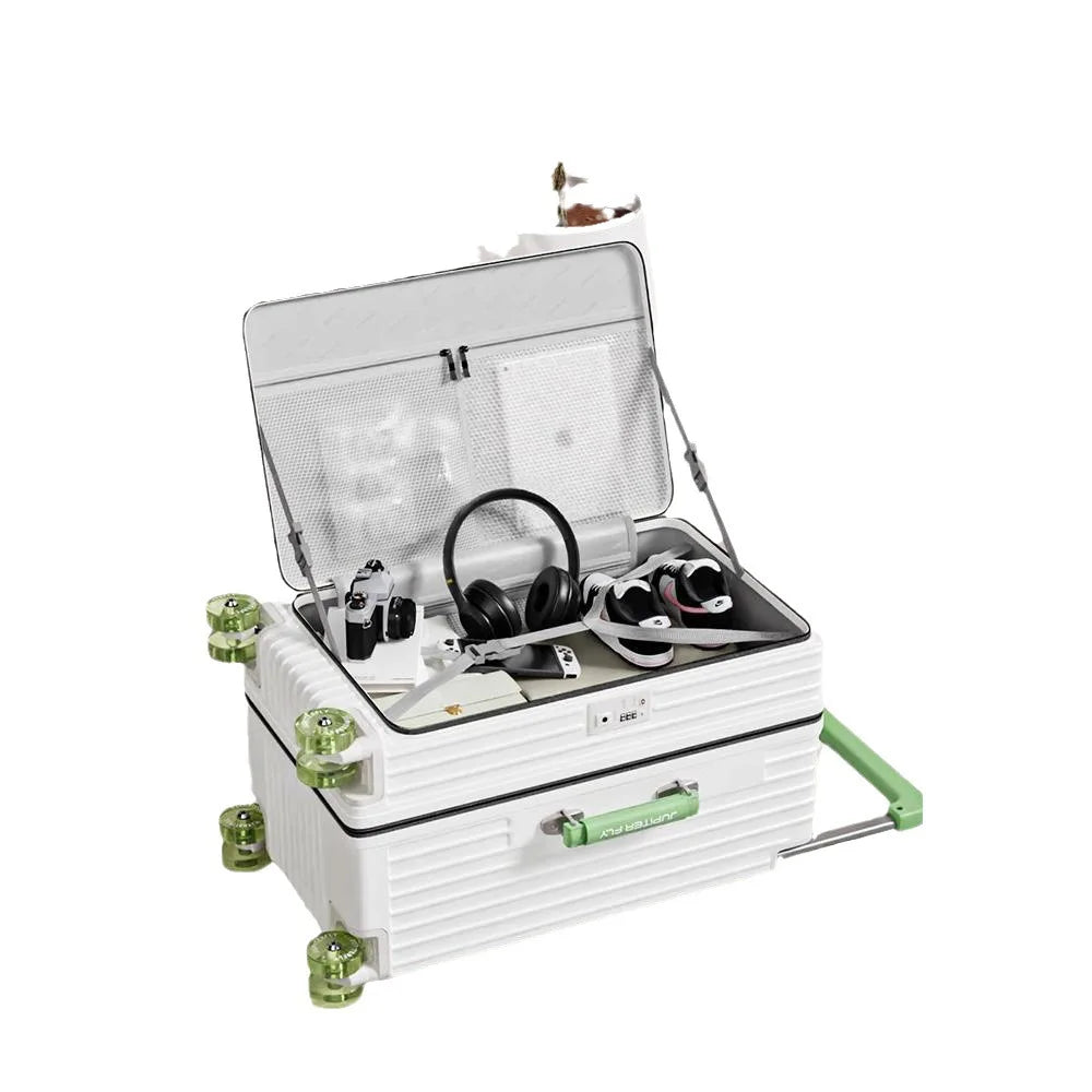 Side opening luggage compartment with expandable 28 inch wide luggage compartment, 20 inch boarding case, 24 inch luggage