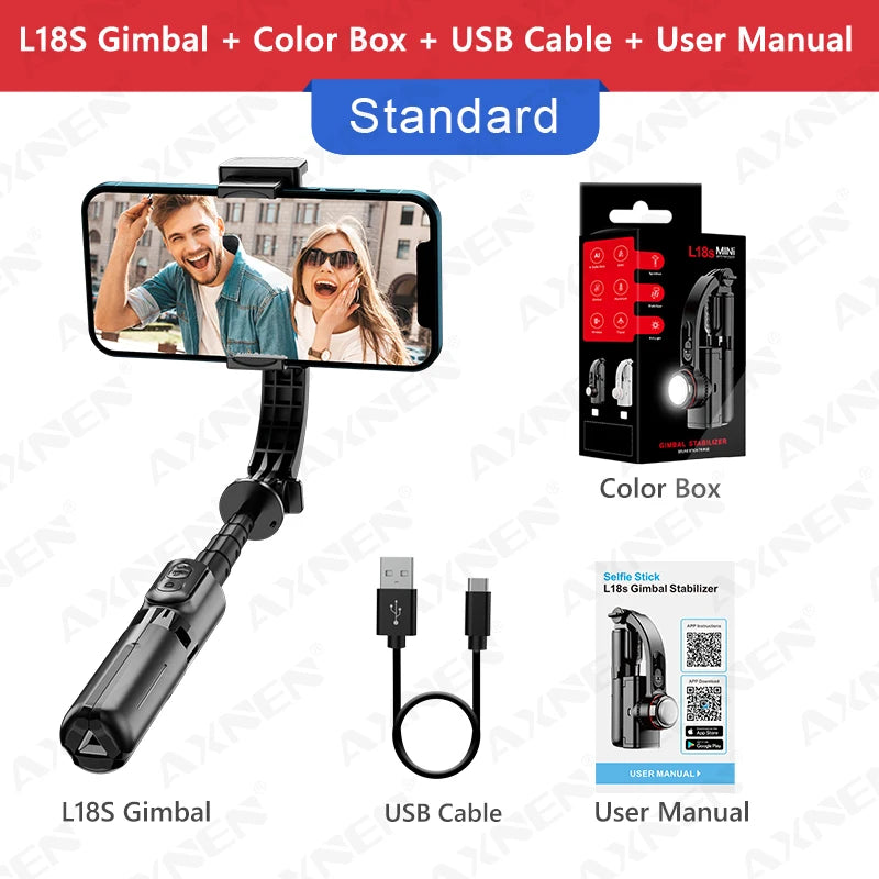 L18S Handheld Gimbal Stabilizer for Android iPhone Smartphone, 360 Rotate Shot Selfie Stick Monopod Tripod with 3 Color Light