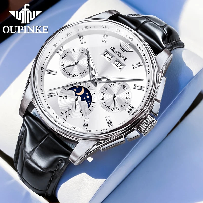 Leather Strap Automatic Watch Moon Phase Chronograph — Silver | KIMLUD