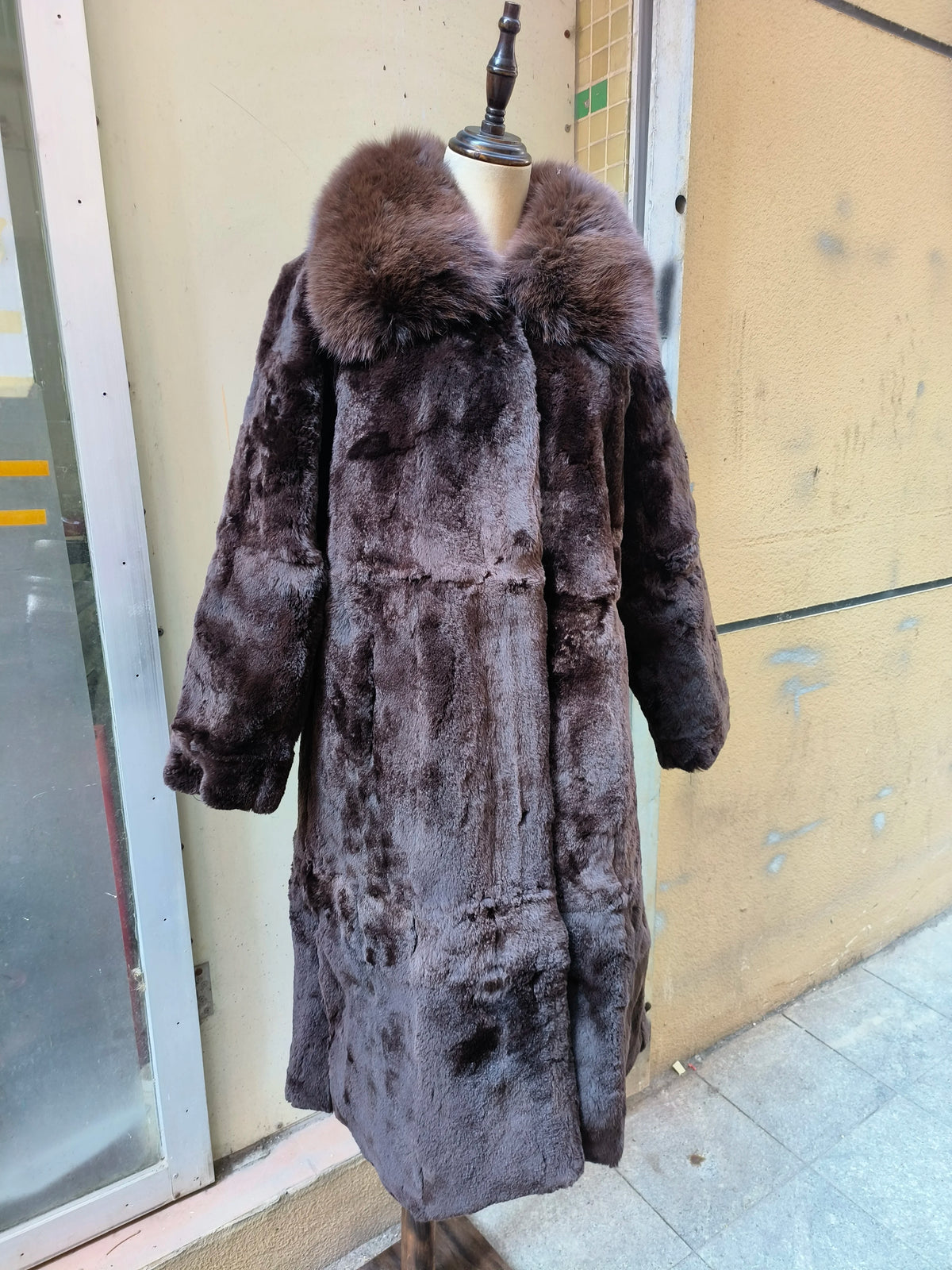 Rabbit Fur Coat – X-Long Rex Rabbit Fur – Fox Fur Collar | KIMLUD