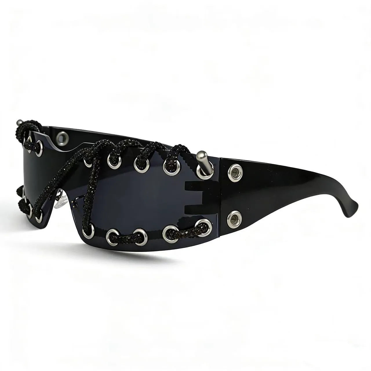 Frameless Crystal Chain Y2K Punk Sunglasses — Black | KIMLUD