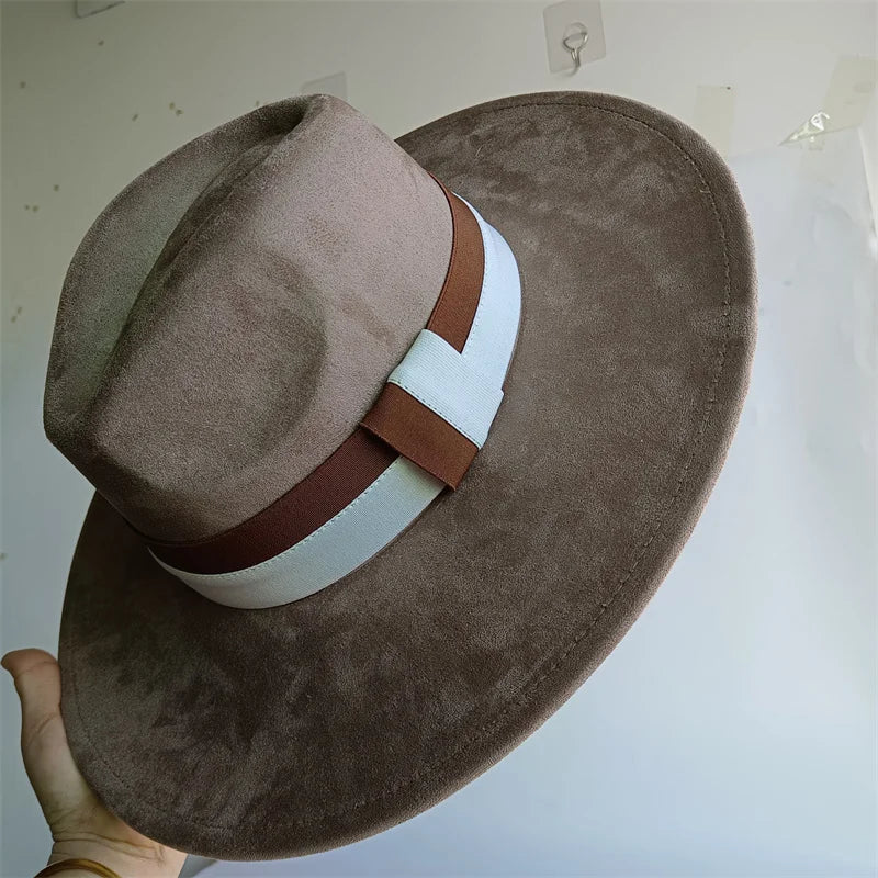 Suede Colorblock Wide-Brim Unisex Hat — Brown | KIMLUD