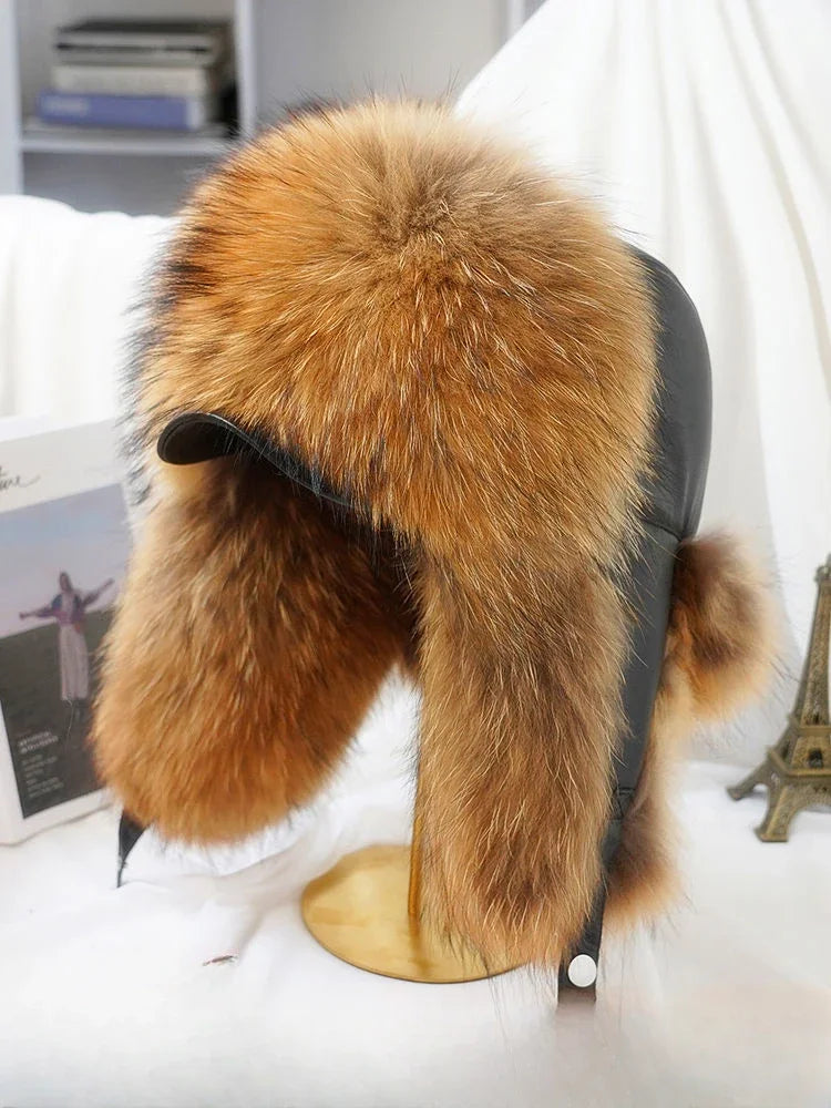 Real Silver Fox Fur Bomber Hat Leather Top — Silver | KIMLUD