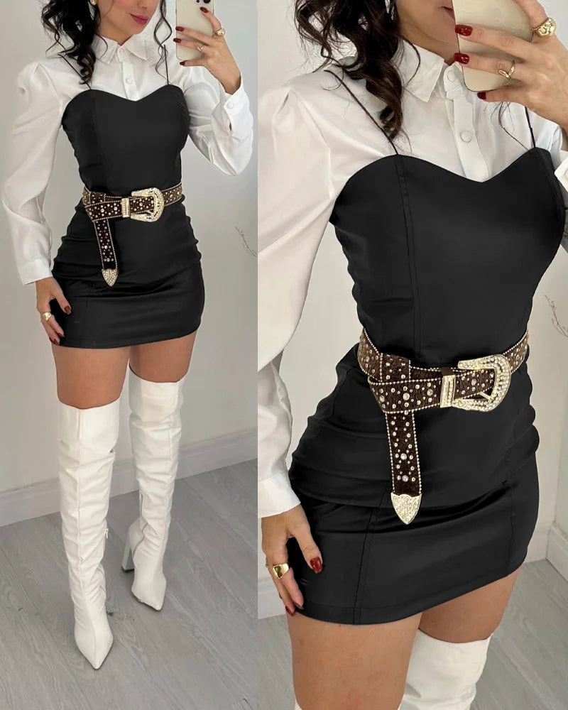 Two Piece Set Women Outfit 2025 Spring New Turn-Down Collar Long Sleeve Blouses & Casual Spaghetti Straps PU Leather Skirt