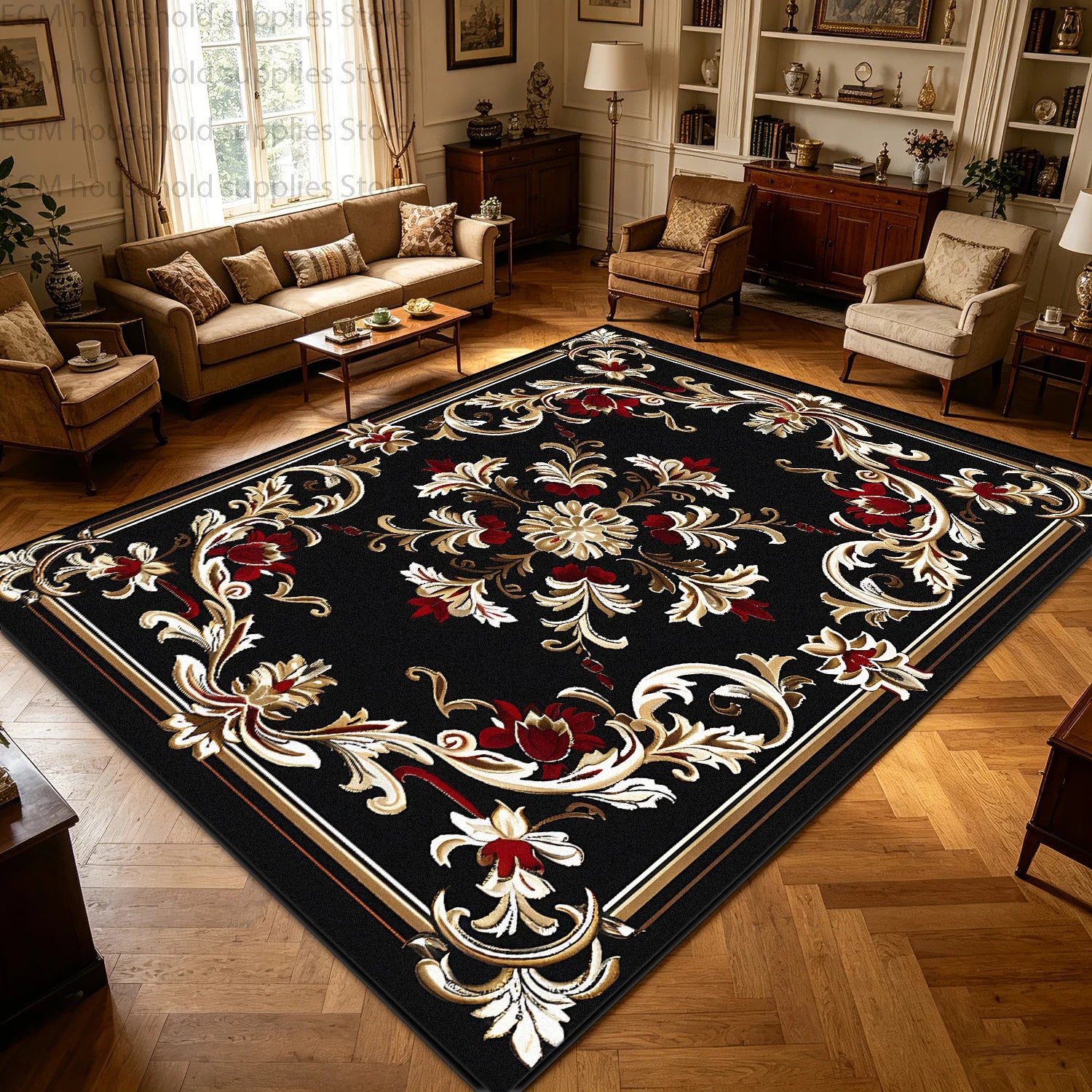 Kilim Polyester Floral Area Rug — Red Gold | KIMLUD