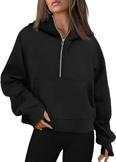 Plush Sweater Half-Zip Hooded Knit With Cozy Thermal Lining And Soft Handfeel — Black | KIMLUD