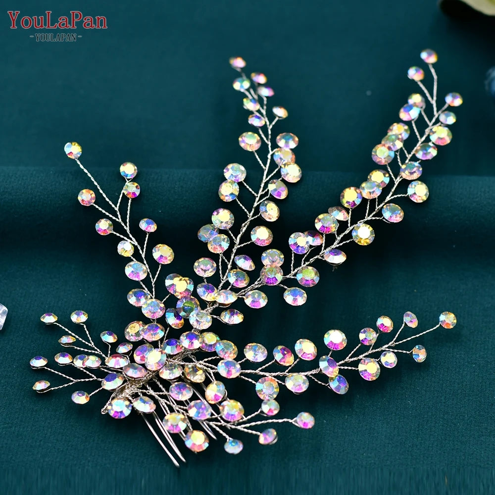 AB Rhinestone Bridal Hair Comb Wedding Accessory — Silver | KIMLUD