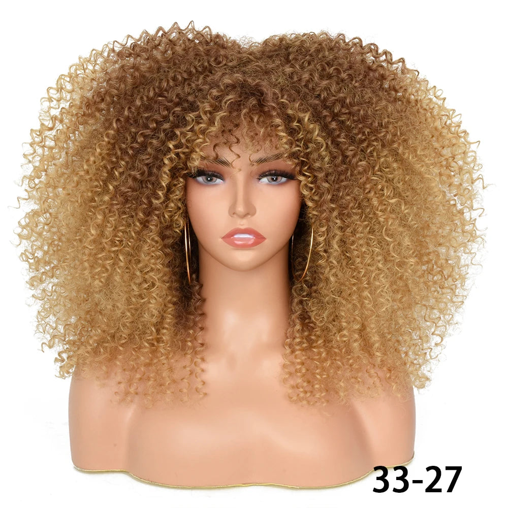 Afro Kinky Curly Hair Wigs With Bangs — Natural Brown Mixed | KIMLUD