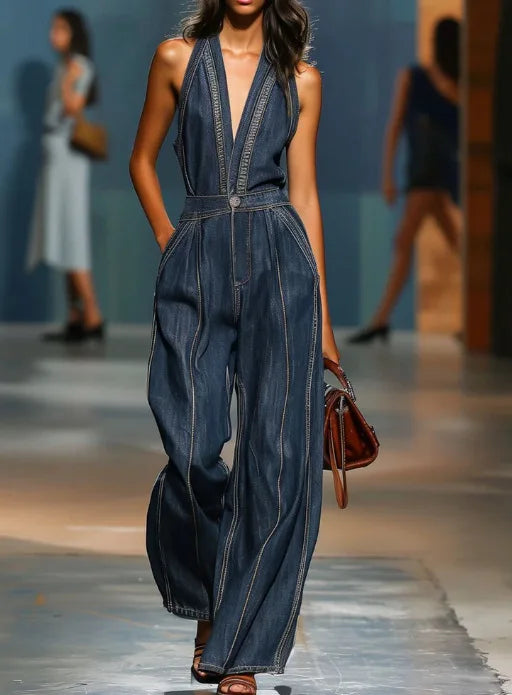 Faux Denim Jumpsuits & Rompers Halter Neck Sleeveless Wide-Leg — Blue | KIMLUD