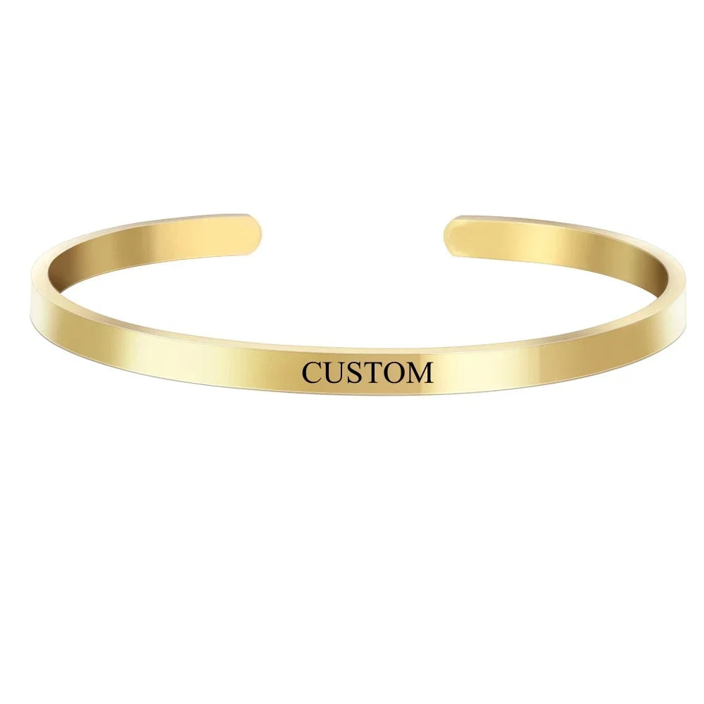 Stainless Steel Engraved Name Text Heart Cuff — Silver | KIMLUD