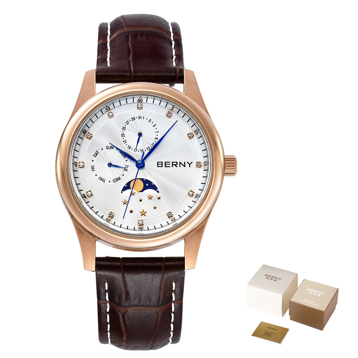 BERNY Men Watch Date Weeks Moon Phase Quartz Watches for Men Stainless Steel Leather Strap Business Wristwatch Male Clock