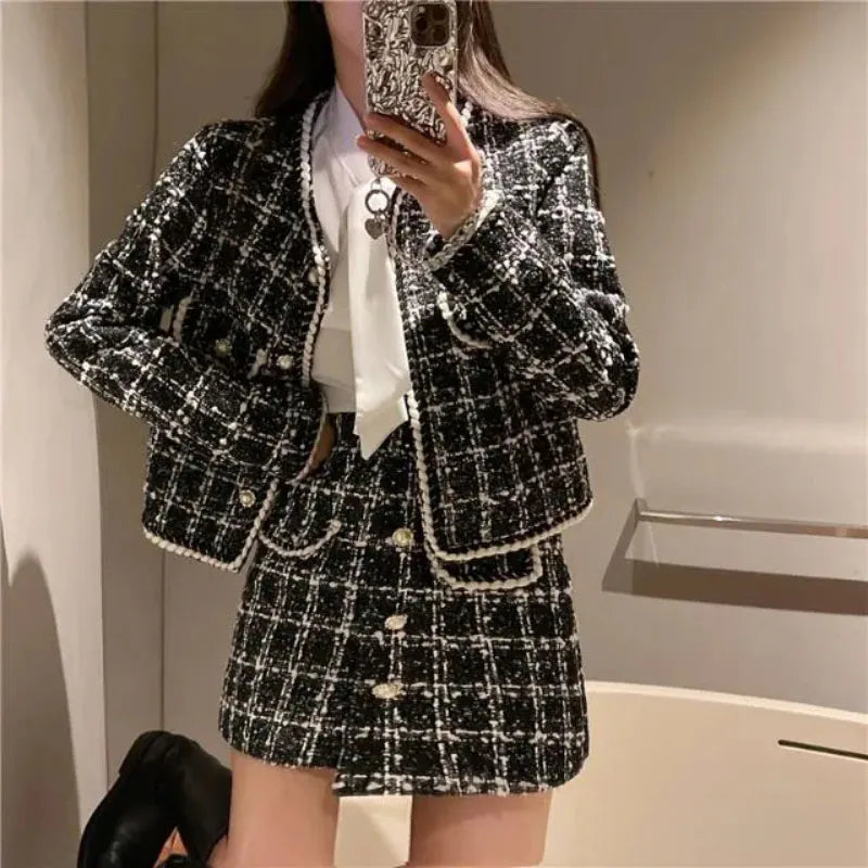 KIMLUD, Formal Chic Houndstooth Plaid Set Skirt Women Spring Autumn New Fashion Loose Single-Breasted Plaid Jacket+Skirt Two-Piece Suit, KIMLUD Womens Clothes