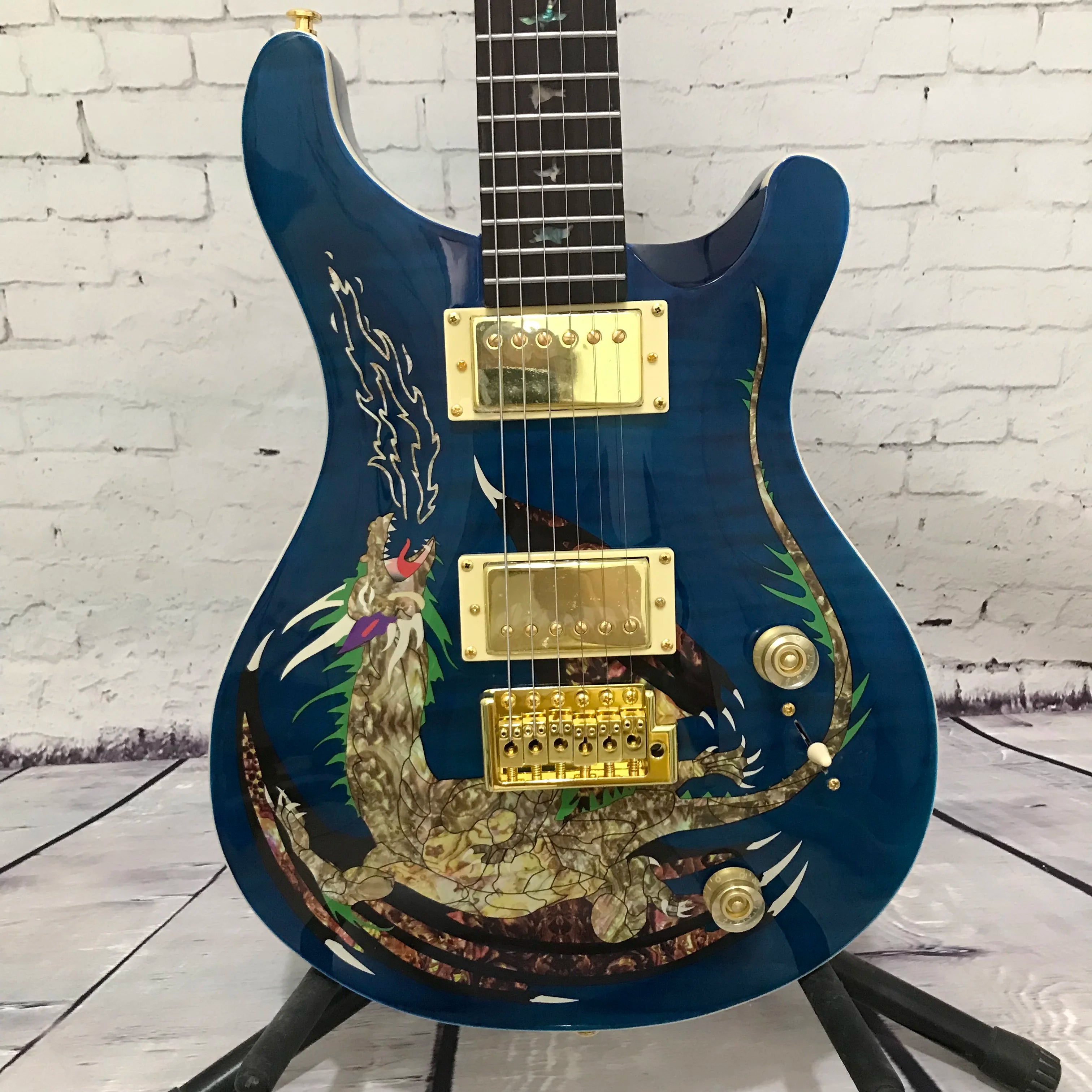Mahogany Dragon Inlay Electric Guitar — Blue | KIMLUD