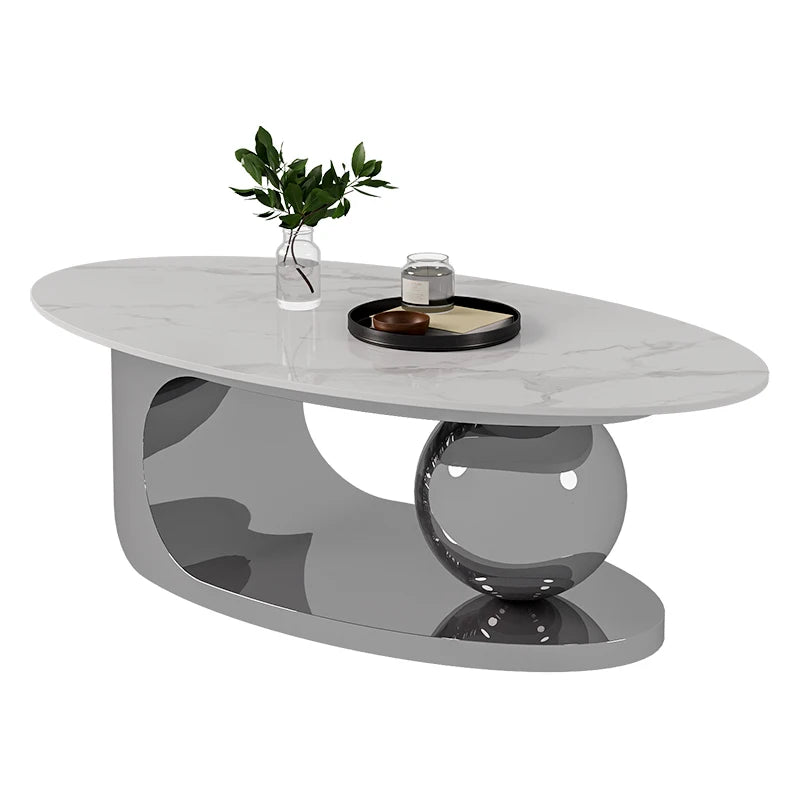 Nordic Designer Minimalist Coffee Table Oval Silhouette Rock Slab Top — Ivory White | KIMLUD