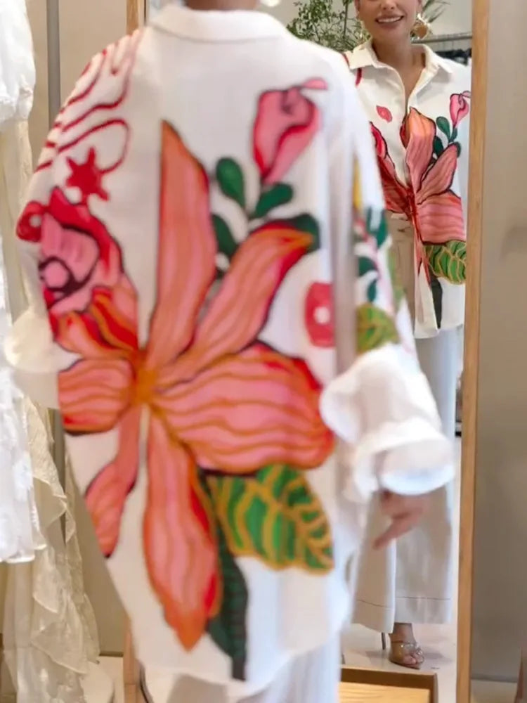 Blouse – Floral Print High-Low Lapel – Polyester – White | KIMLUD