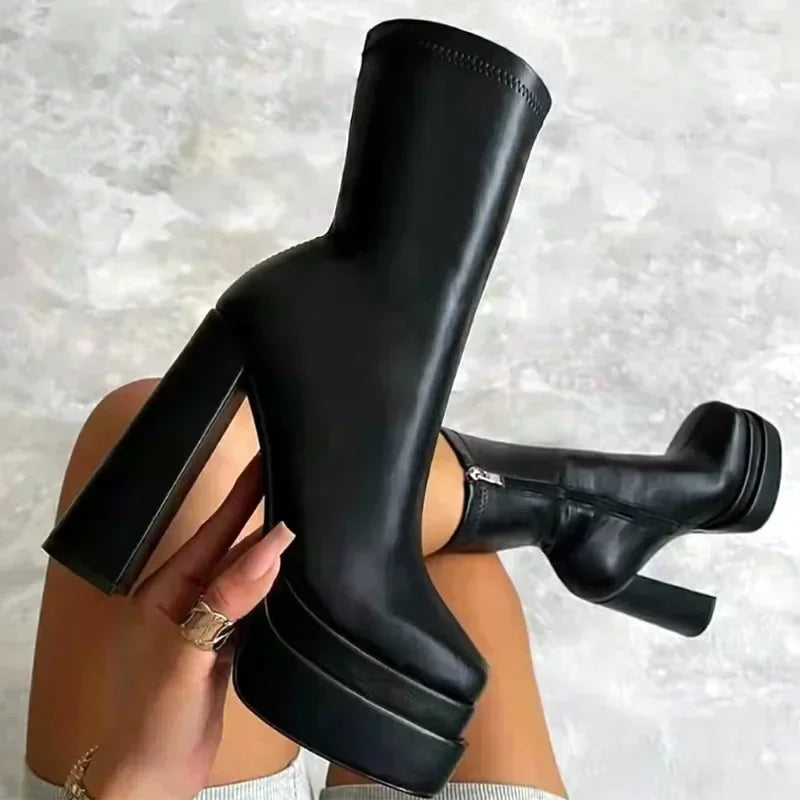 Winter Chunky High Heels Ankle Shoes for Women Punk Style Zipper Thick Platform Elasticity Microfiber Boots Botines Mujer 204