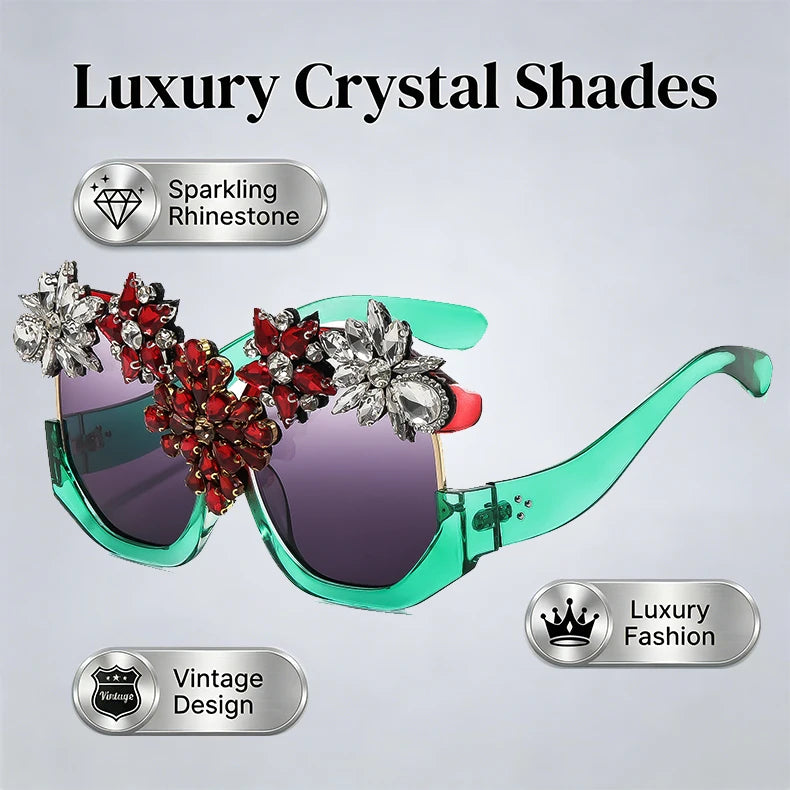 Oversized Floral Rhinestone Sunglasses Women Exaggerated Luxury Statement Eyewear for Retro Party Fashion Show V400