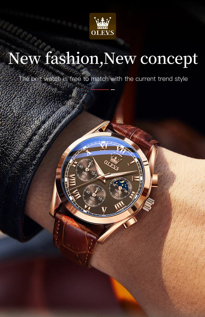 Rose-Gold Chronograph Moon Phase Watch Leather Strap — Black | KIMLUD