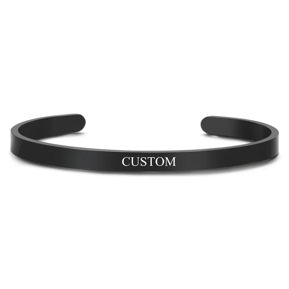 Stainless Steel Engraved Name Text Heart Cuff — Silver | KIMLUD