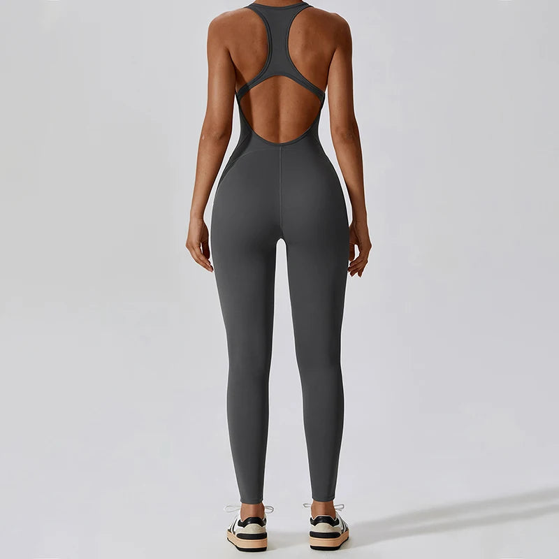 Nylon Tracksuit Jumpsuit Bodysuit — Athletic One-Piece Yoga Set — Black | KIMLUD