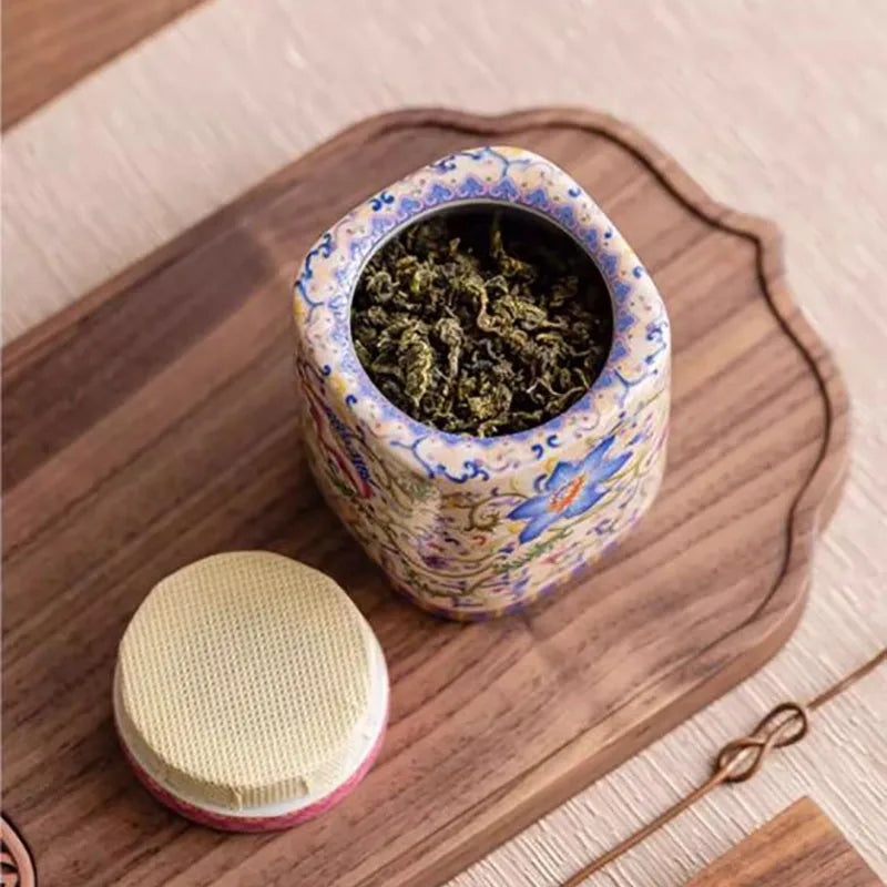 Chinese Ceramic Tea Caddy Painted Jewelry Box Home Seal Candy Nuts Coffee Beans Storage Jar Kitchen Container Home Decoration